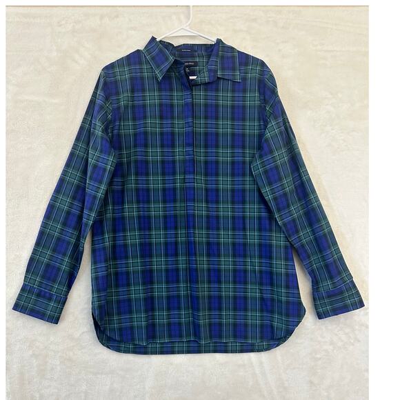 Lands' End Blue Plaid No Iron Supima Top 14 Large Half Button - Picture 1 of 9
